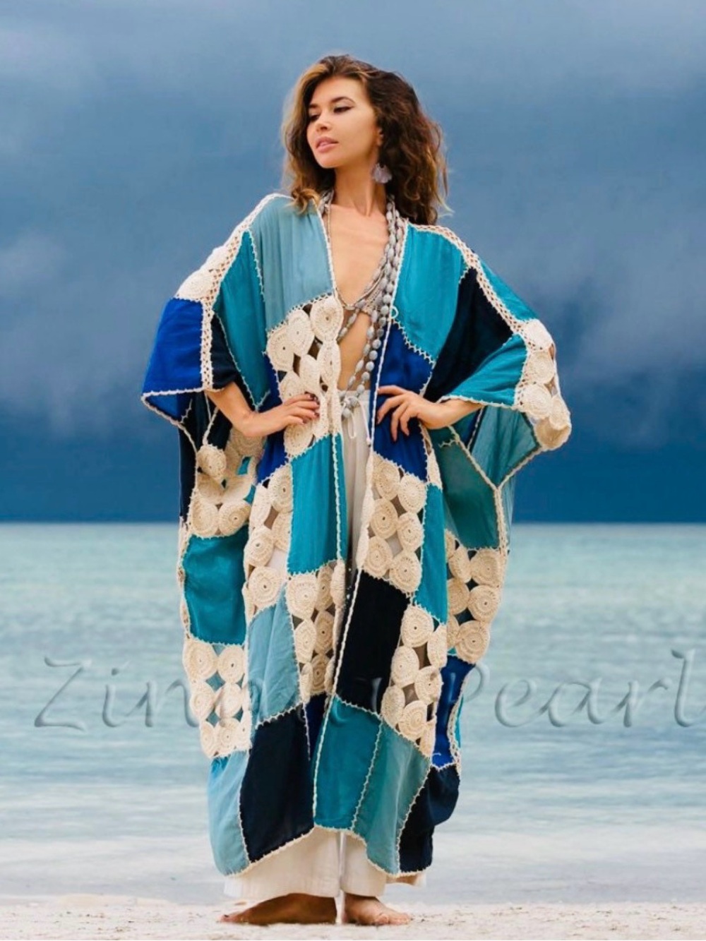 Handmade Crochet Maxi Bohemian Duster Kimono - Teal & Navy